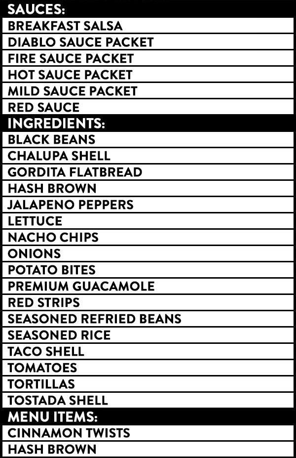 list of Taco Bell AVA certified vegan ingredients